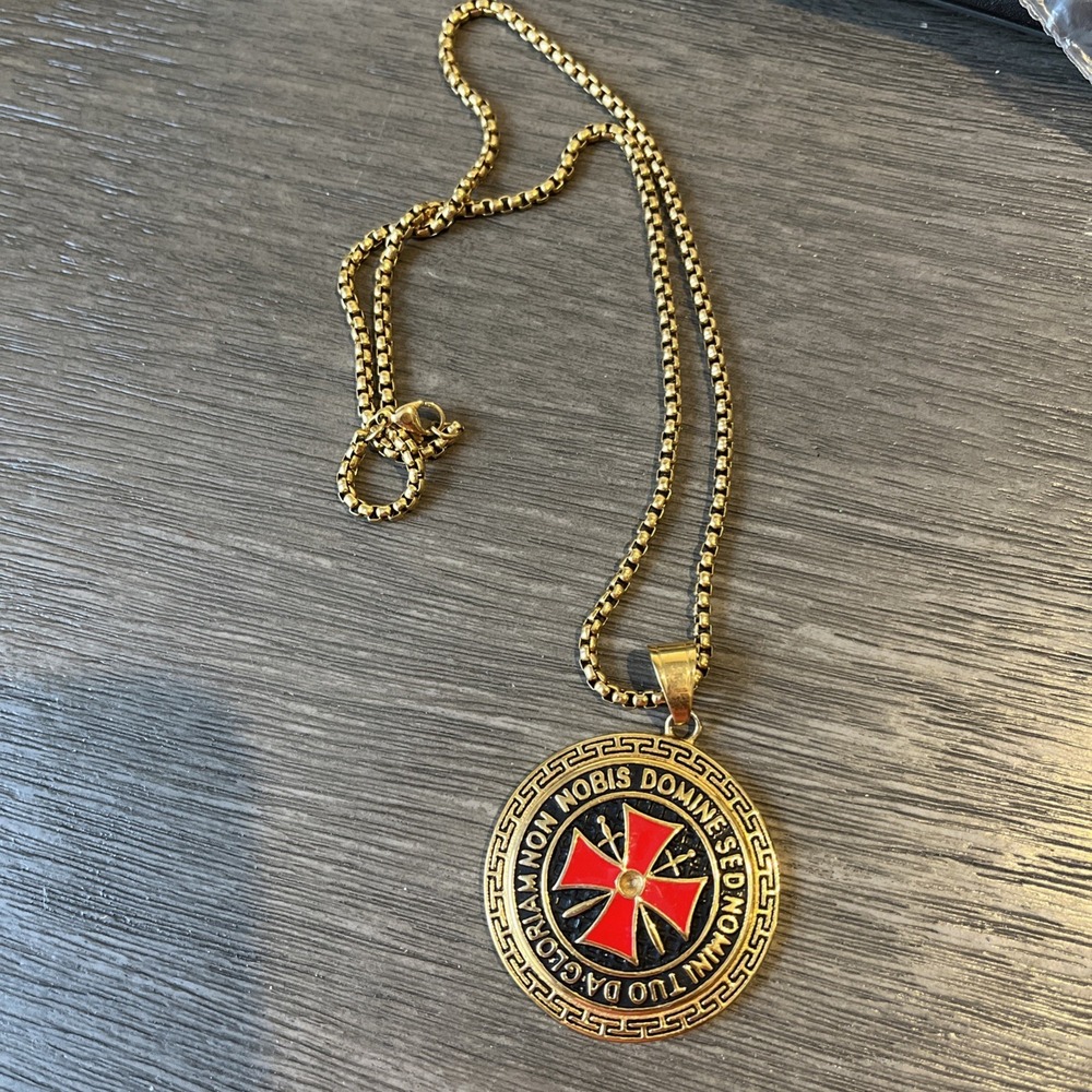 Knight Templar Necklace College Style Stainless Steel CZ Red Cross Pendant Chain